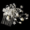 Lovely Silver Floral Bridal Wedding Hair Comb w/ Freshwater Pearls & Clear Rhinestones 9807