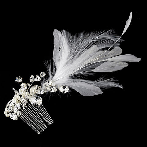 * Vintage Silver Clear Crystal Bridal Wedding Hair Comb w/ White Feathers 9824
