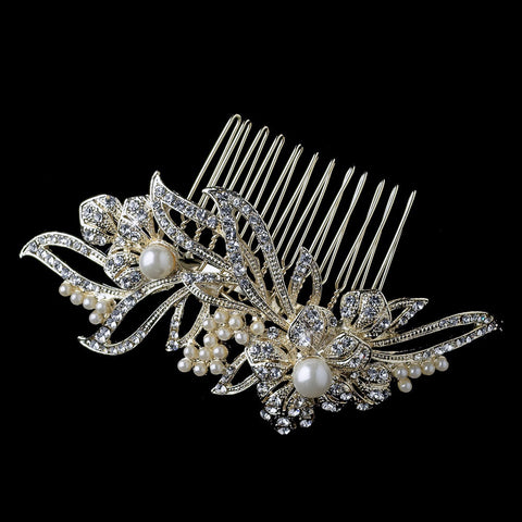 Light Gold Ivory Pearl & Rhinestone Flower Bridal Wedding Hair Comb 9876