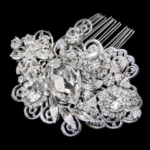Antique Silver Clear Rhinestone Floral Swirl Bridal Wedding Hair Comb 9880