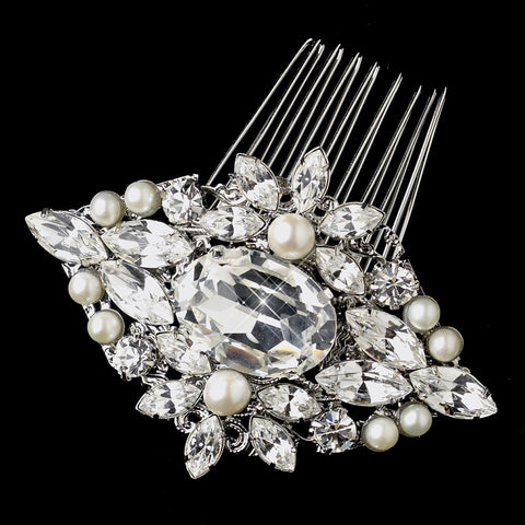 Antique Rhodium Silver Clear Rhinestone & Freshwater Pearl Bridal Wedding Hair Comb 9883
