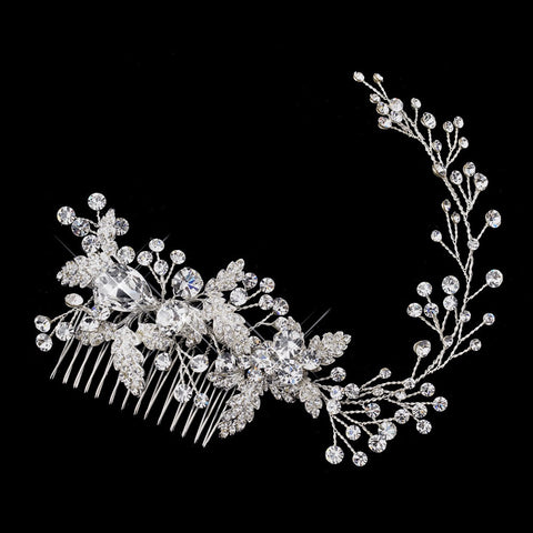 Silver Clear Rhinestone & Crystal Leaf Vine Bridal Wedding Hair Comb 9928