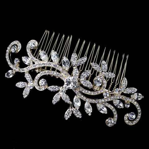 Gold Clear Rhinestone Swirl Leaf Bridal Wedding Hair Comb 9982