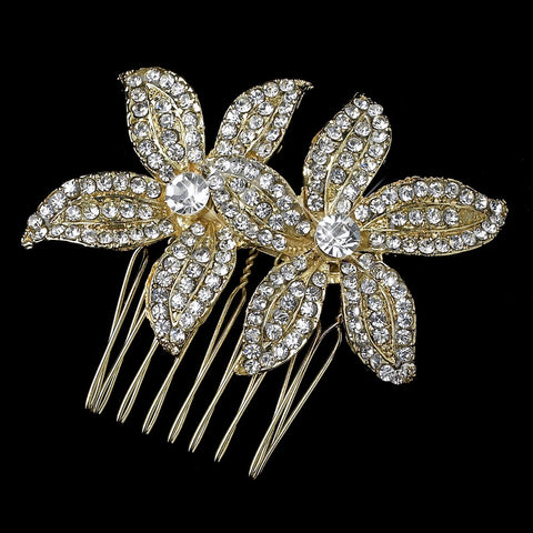Light Gold Clear Rhinestone Twin Flower Bridal Wedding Hair Comb 9985