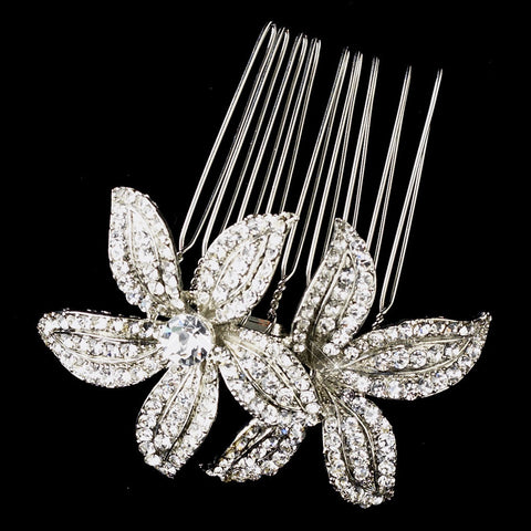 Antique Silver Clear Rhinestone Flower Bridal Wedding Hair Comb 9985