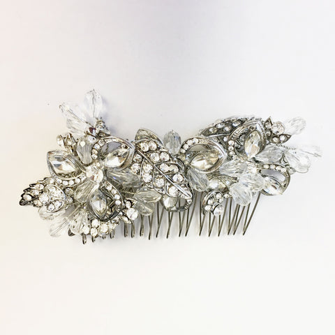 Rhodium Clear Flower Rhinestone & Swarovski Crystal Bead Bridal Wedding Hair Comb