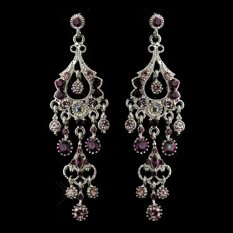 Antique Silver Amethyst AB Crystal Chandelier Bridal Wedding Earrings 1028