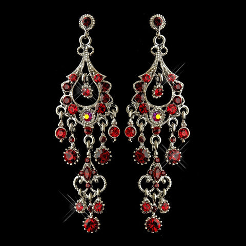 Antique Silver Red AB Crystal Chandelier Bridal Wedding Earrings 1028