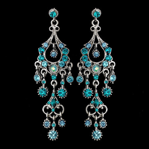 Antique Silver Turquoise AB Crystal Chandelier Bridal Wedding Earrings 1028