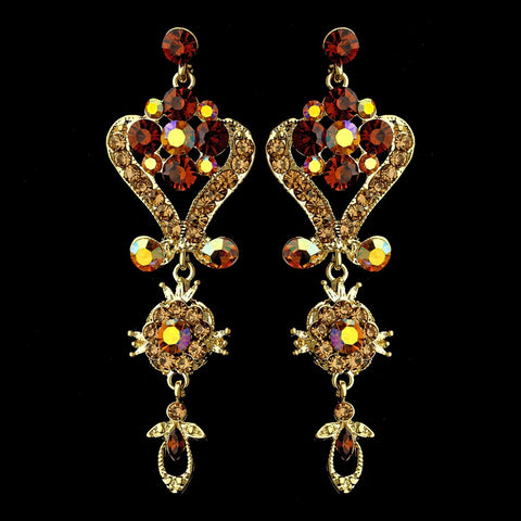 Gold Brown Multi Crystal Chandelier Bridal Wedding Earrings 1031