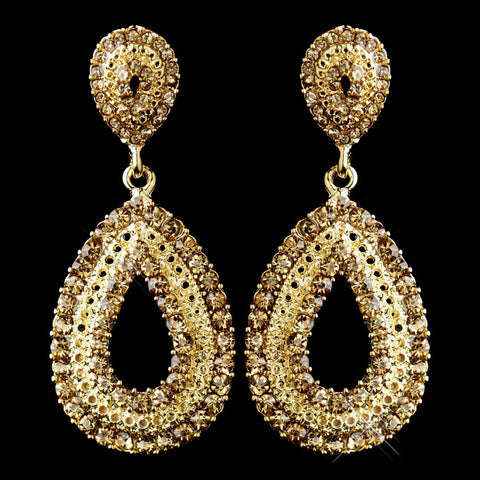 Gold Lt Brown Rhinestone Drop Bridal Wedding Earrings 1056