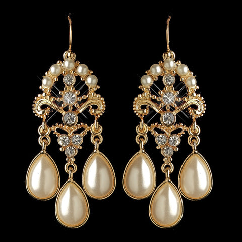 Gold Ivory Pearl & Rhinestone Chandelier Bridal Wedding Earrings 1221