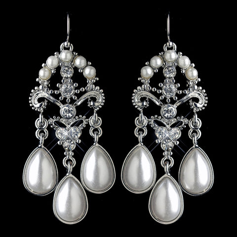 Rhodium White Pearl & Rhinestone Chandelier Bridal Wedding Earrings 1221