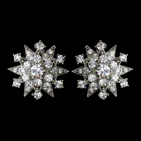 Dazzling Antique Silver Starburst Bridal Wedding Hair Clip-On Bridal Wedding Earrings w/ Clear Crystals 1332