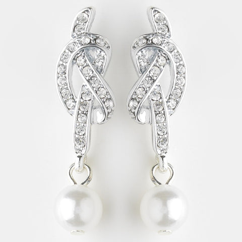 Silver White Pearl and Clear Rhinestone Love Knot Bridal Wedding Earrings 24022