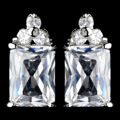 Stunning Silver Clear CZ Princess Cut Stud Bridal Wedding Earrings 2465