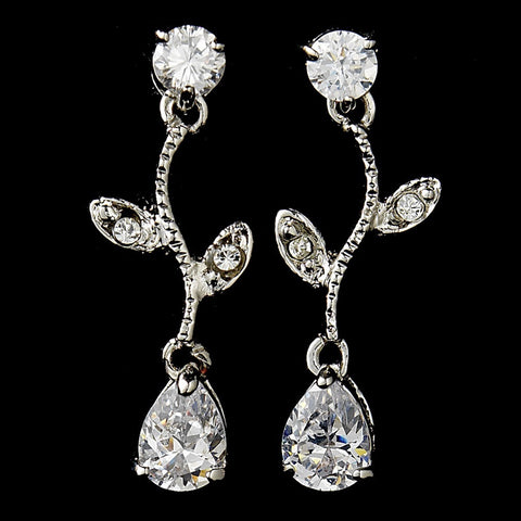 Silver Cubic Zirconia Drop and Vine Bridal Wedding Earrings E 2657