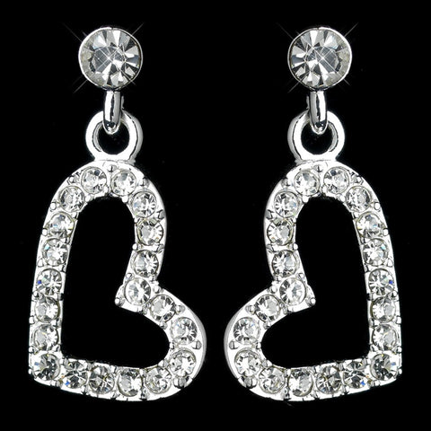 Dangling Rhinestone Covered Heart Bridal Wedding Earrings in Silver 26692