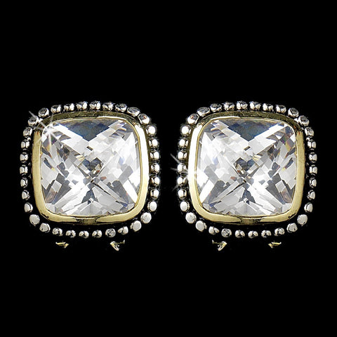 Designer Inspired Rhodium Silver with Gold Accent Clear Cubic Zirconia Earring 2956