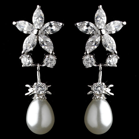 Stunning Silver Clear CZ Flower Bridal Wedding Earrings w/ Pearl Drop 3548