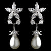 Stunning Silver Clear CZ Flower Bridal Wedding Earrings w/ Pearl Drop 3548