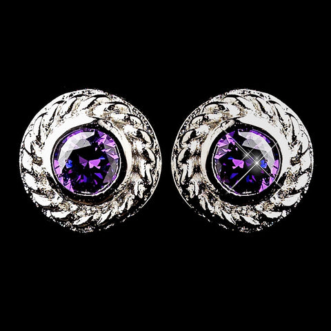 Vintage Silver CZ Amethyst Stud Bridal Wedding Earrings 3587
