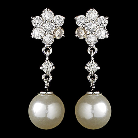 Delightful Silver Clear CZ Flower Bridal Wedding Earrings w/ Pearl Drop 3631