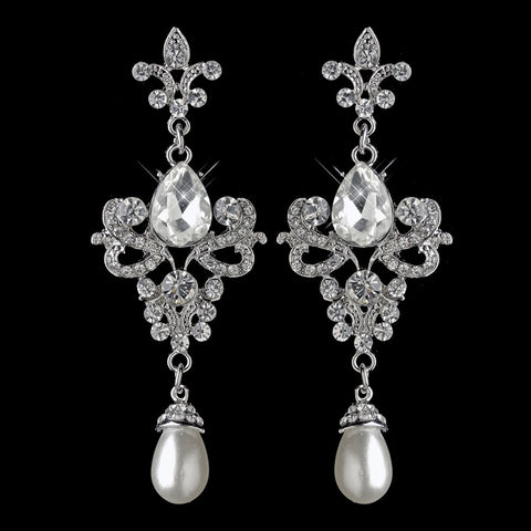 Rhodium Rhinestone & White Pearl Fleur de lis Dangle Bridal Wedding Earrings 3760