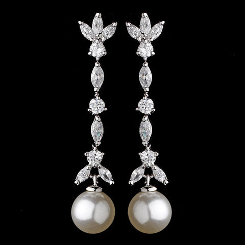 Stylish Antique Silver Clear CZ Bridal Wedding Earrings w/ Ivory Pearls 3856