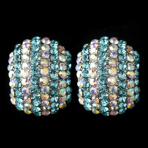 Antique Silver Aqua & AB Rhinestone Encrusted Stud Bridal Wedding Earrings 40693