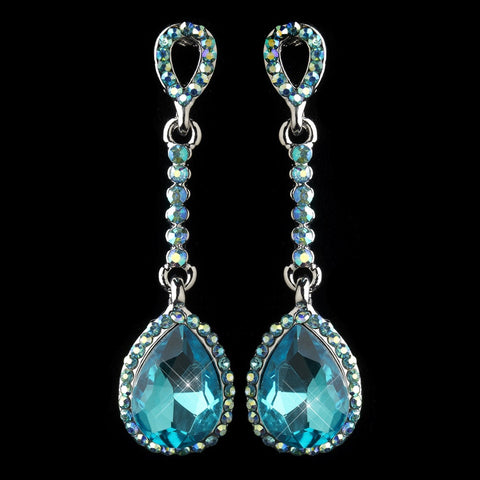 Antique Silver Aqua Rhinestone Teardrop Dangle Bridal Wedding Earrings 40694
