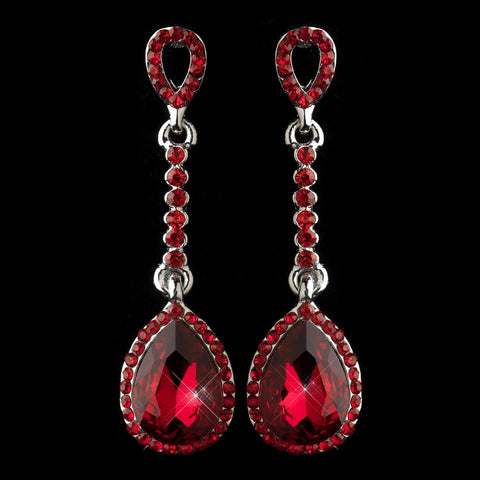 Antique Silver Red Rhinestone Teardrop Dangle Bridal Wedding Earrings 40694