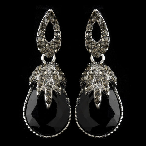 Antique Silver Black Rhinestone Teardrop Dangle Bridal Wedding Earrings 40697