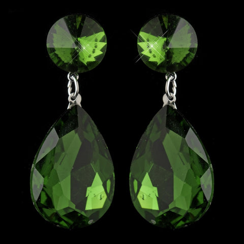 Antique Silver with Large Emerald Rhinestone Teardrop Bridal Wedding Earrings 40698