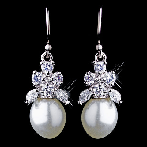 Antique Silver White Pearl & CZ Bridal Wedding Earrings 5441