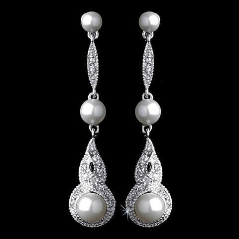 Antique Silver White Pearl & CZ Bridal Wedding Earring 5484