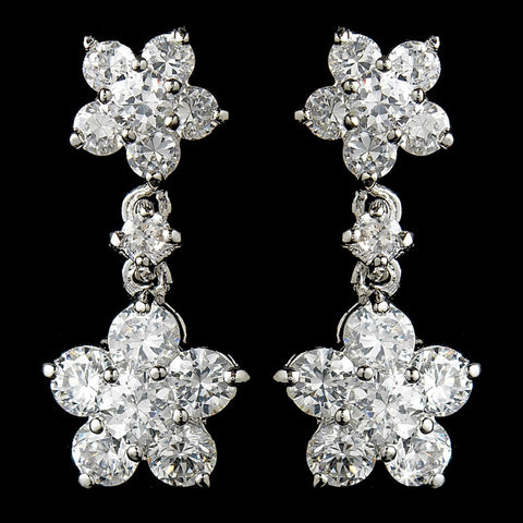Stunning Antique Silver Clear CZ Flower Bridal Wedding Earrings E 6009