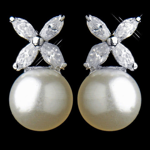 Silver Diamond White Pearl & CZ Crystal Dangle Drop Bridal Wedding Earrings 6013