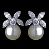 Antique Rhodium Silver CZ Clear Crystal & Diamond White Pearl Stud Bridal Wedding Earrings 7401