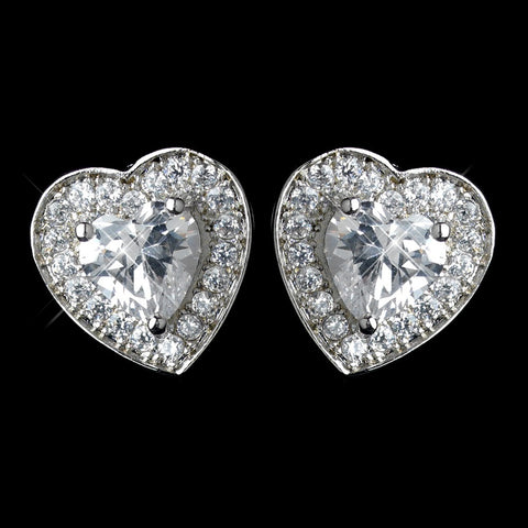 Antique Rhodium Silver CZ Crystal Heart Encrusted Bridal Wedding Earrings 7409