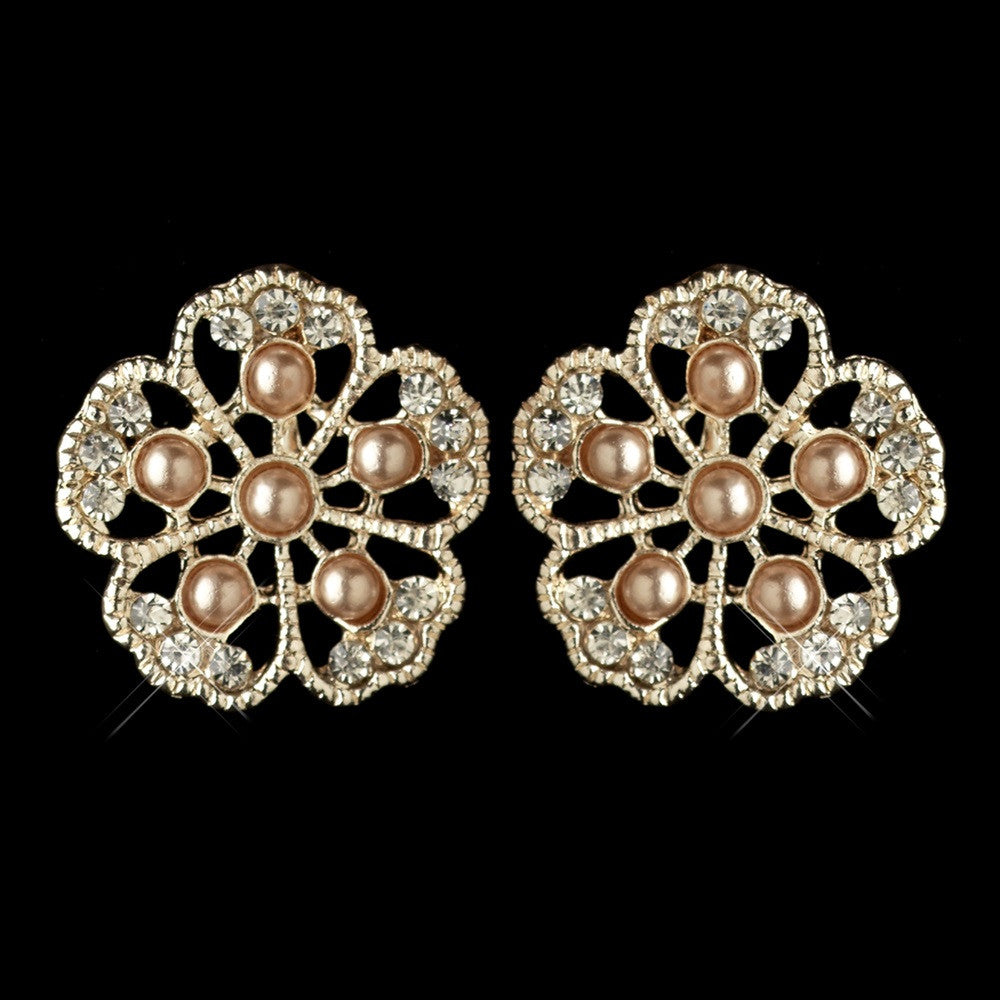 Rose Gold Champagne Pearl & Rhinestone Flower Stud Earring 76002