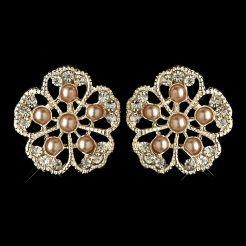 Rose Gold Champagne Pearl & Rhinestone Flower Stud Earring 76002