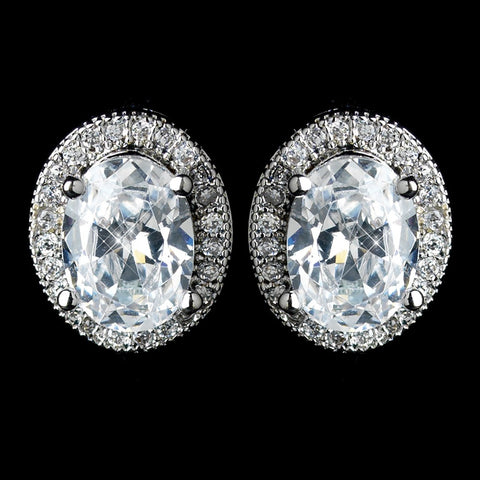 Antique Rhodium Silver Clear Oval Pave Encrusted Stud Bridal Wedding Earrings 7739