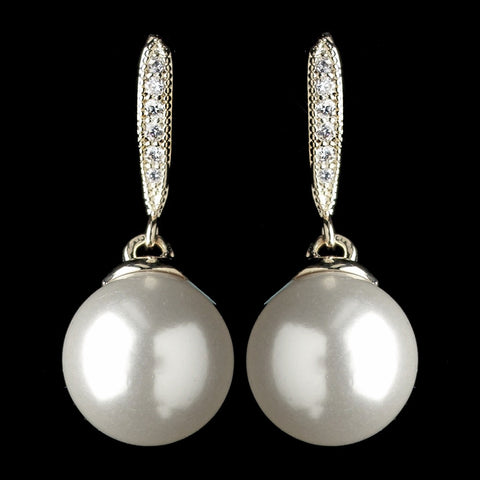 Gold Diamond White Pearl & Clear Rhinestone Drop Bridal Wedding Earrings 7757