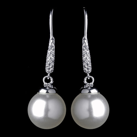 Antique Rhodium Silver White Pearl & CZ Crystal Pave Encrusted Dangle Bridal Wedding Earrings 7757