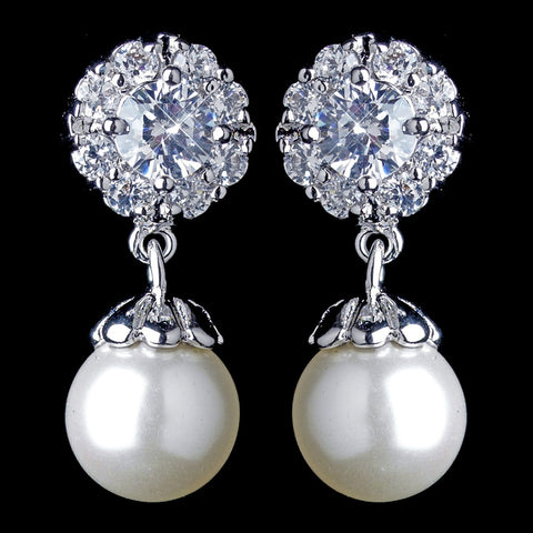 Antique Rhodium Silver Petite CZ Crystal Solitaire Encrusted With Pearl Drop Bridal Wedding Earrings 7758