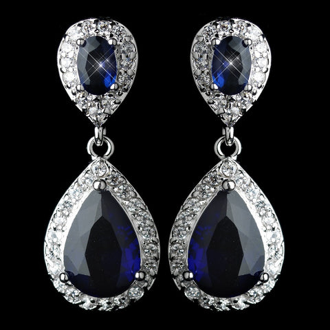 Antique Rhodium Silver Sapphire Drop CZ Crystal Bridal Wedding Earrings 7761