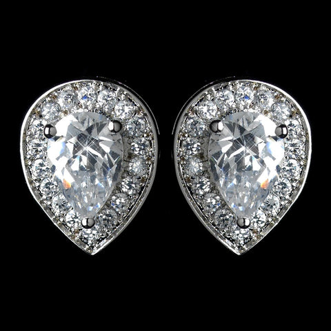 Antique Rhodium Silver Clear Teardrop Encrusted Pave Stud Bridal Wedding Earrings 7766