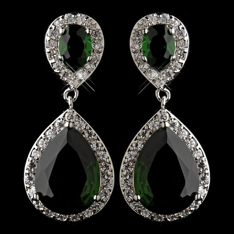 Antique Silver Emerald CZ Tear Drop Bridal Wedding Earrings 7850