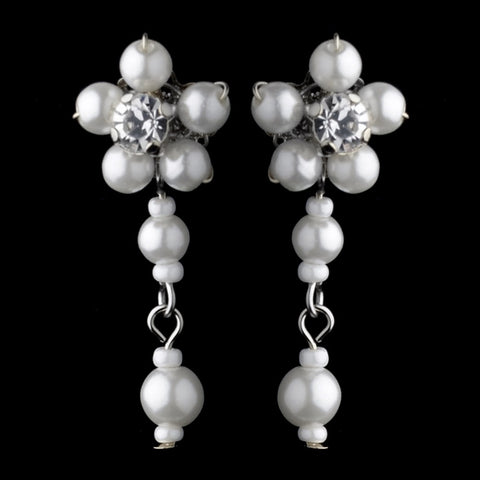 Silver White Floral Pearl Dangle Bridal Wedding Earrings 8001